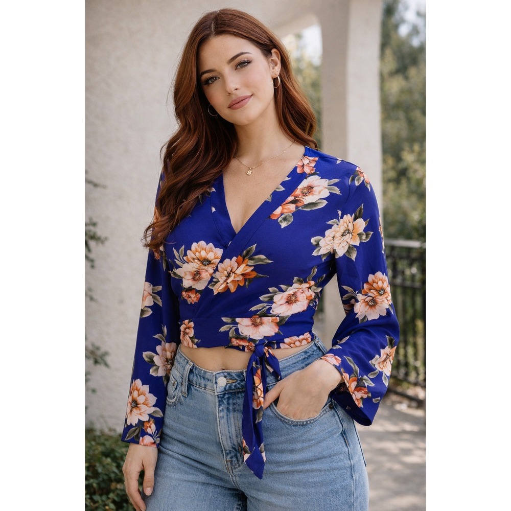 Lulus Blue Floral Wrap Crop Top Medium Long Sleeve Tie Back Boho Romantic